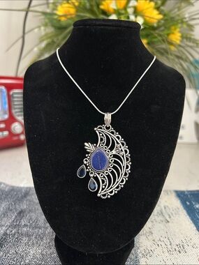 Sterling Silver Teardrop Lapis Lazuli Tanzanite Gemstone Pendant Necklace
